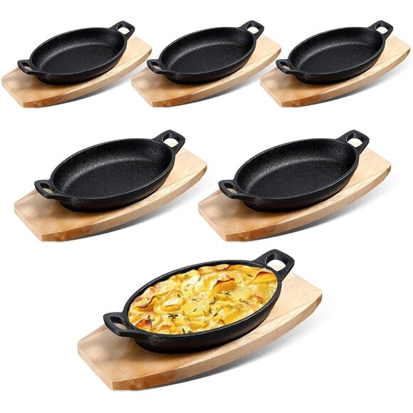 Mifoci Other - New Mifoci 6 Set Mini Cast Iron Skillets oval Fajita Plates + Wooden Base Dish